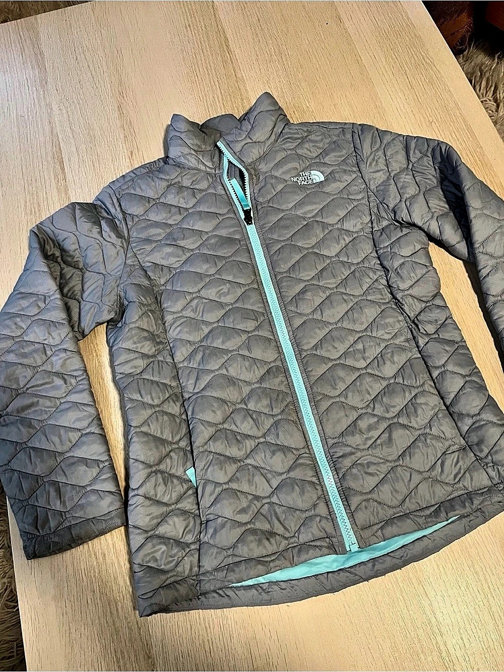The North Face Girls' ThermoBall Hooded Jacket Gray & Turquoise
